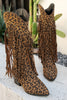 Load image into Gallery viewer, Brown Leopard Mid Calf Chunky Heel Cowgirl Boots with Fringes