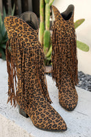 Load image into Gallery viewer, Brown Leopard Mid Calf Chunky Heel Cowgirl Boots with Fringes