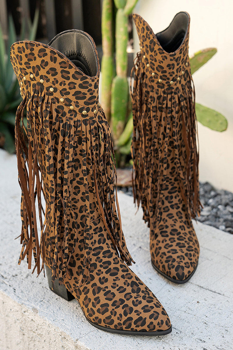 Load image into Gallery viewer, Brown Leopard Mid Calf Chunky Heel Cowgirl Boots with Fringes
