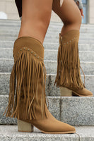 Load image into Gallery viewer, Brown Leopard Mid Calf Chunky Heel Cowgirl Boots with Fringes