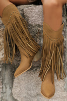 Load image into Gallery viewer, Brown Leopard Mid Calf Chunky Heel Cowgirl Boots with Fringes