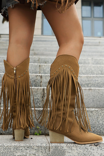 Brown Leopard Mid Calf Chunky Heel Cowgirl Boots with Fringes
