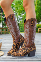 Load image into Gallery viewer, Brown Leopard Wide Calf Pointed Toe Chunky Heel Western Cowgirl Boots