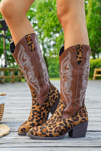 Brown Leopard Wide Calf Pointed Toe Chunky Heel Western Cowgirl Boots