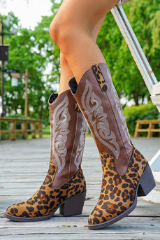 Brown Leopard Wide Calf Pointed Toe Chunky Heel Western Cowgirl Boots