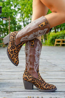 Load image into Gallery viewer, Brown Leopard Wide Calf Pointed Toe Chunky Heel Western Cowgirl Boots