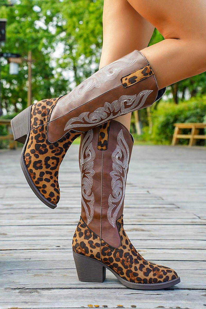 Load image into Gallery viewer, Brown Leopard Wide Calf Pointed Toe Chunky Heel Western Cowgirl Boots