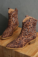 Load image into Gallery viewer, Brown Leopard Wide Calf Pointed Toe Chunky Heel Cowgirl Ankle Boots