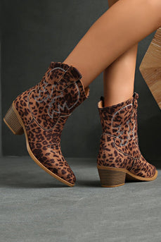 Brown Leopard Wide Calf Pointed Toe Chunky Heel Cowgirl Ankle Boots