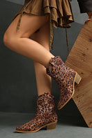 Load image into Gallery viewer, Brown Leopard Wide Calf Pointed Toe Chunky Heel Cowgirl Ankle Boots