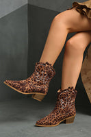 Load image into Gallery viewer, Brown Leopard Wide Calf Pointed Toe Chunky Heel Cowgirl Ankle Boots