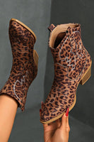 Load image into Gallery viewer, Brown Leopard Wide Calf Pointed Toe Chunky Heel Cowgirl Ankle Boots