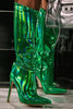 Load image into Gallery viewer, Sparkly Hot Pink Stiletto Pointed Toe Knee High Heel Boots