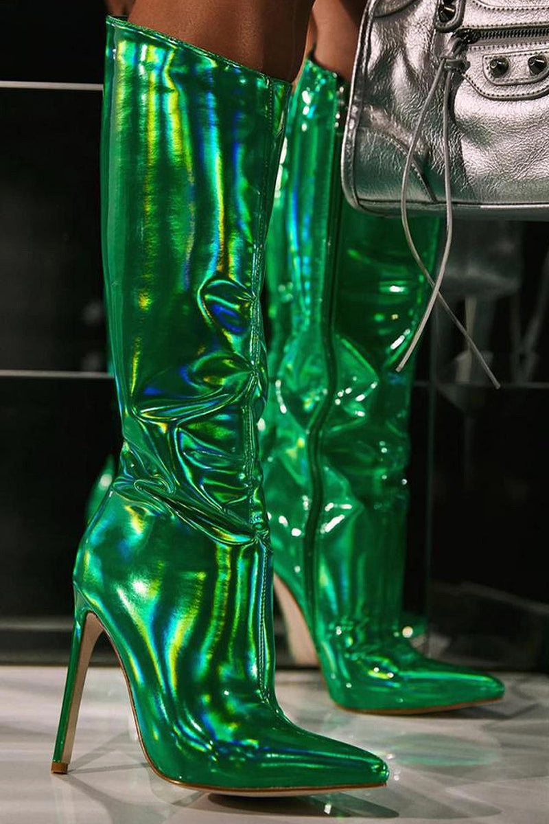 Load image into Gallery viewer, Sparkly Hot Pink Stiletto Pointed Toe Knee High Heel Boots