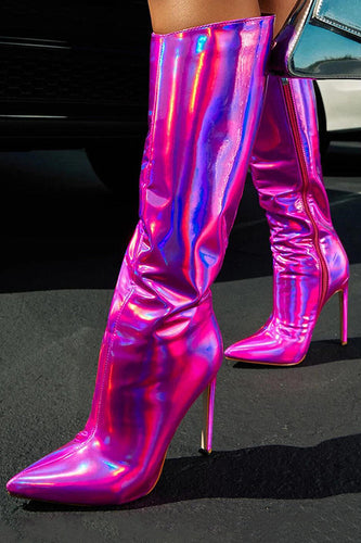 Sparkly Hot Pink Stiletto Pointed Toe Knee High Heel Boots