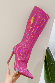 Sparkly Hot Pink Stiletto Pointed Toe Knee High Heel Boots