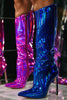 Load image into Gallery viewer, Sparkly Hot Pink Stiletto Pointed Toe Knee High Heel Boots