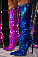 Load image into Gallery viewer, Sparkly Hot Pink Stiletto Pointed Toe Knee High Heel Boots