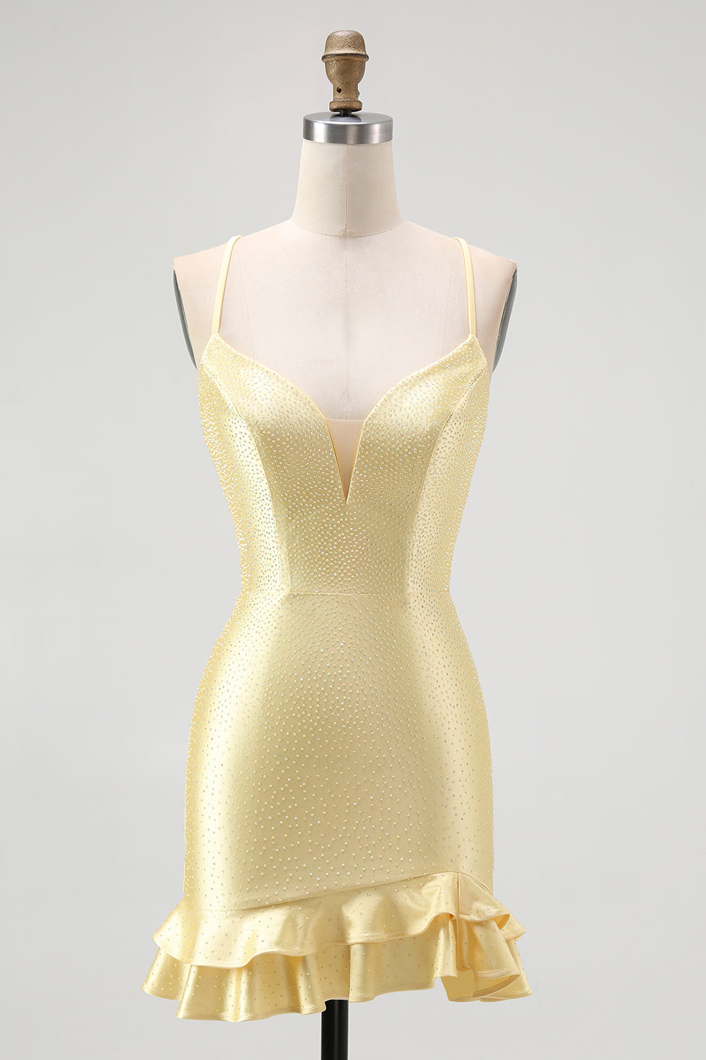 Sparkly Yellow Satin Tight Ruffled Short Homecoming Dress with Beading