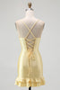 Load image into Gallery viewer, Sparkly Yellow Satin Tight Ruffled Short Homecoming Dress with Beading