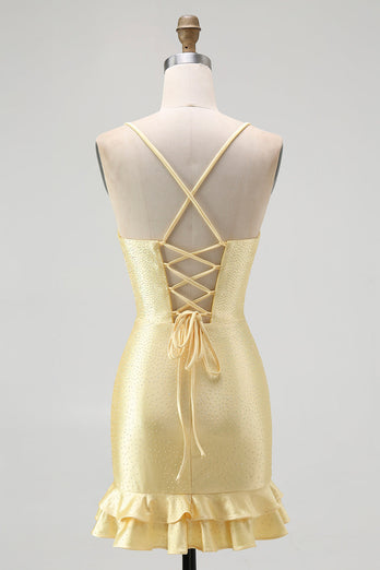 Sparkly Yellow Satin Tight Ruffled Short Homecoming Dress with Beading