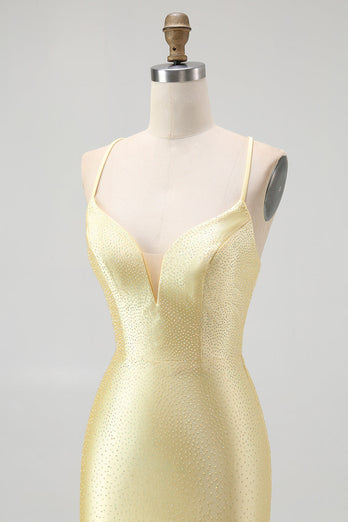 Sparkly Yellow Satin Tight Ruffled Short Homecoming Dress with Beading