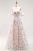 Load image into Gallery viewer, Floral Blush A Line Detachable Sleeves Long Prom Dress
