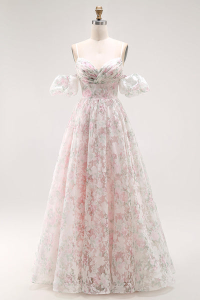 Floral Blush A Line Detachable Sleeves Long Prom Dress