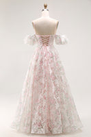 Load image into Gallery viewer, Floral Blush A Line Detachable Sleeves Long Prom Dress