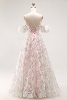 Floral Blush A Line Detachable Sleeves Long Prom Dress