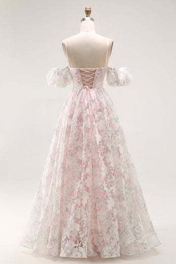 Floral Blush A Line Detachable Sleeves Long Prom Dress