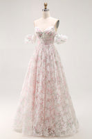 Load image into Gallery viewer, Floral Blush A Line Detachable Sleeves Long Prom Dress