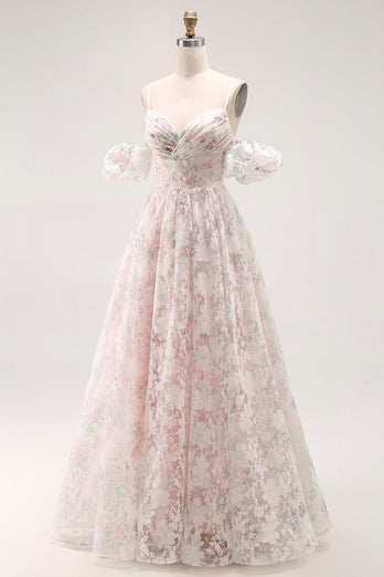 Floral Blush A Line Detachable Sleeves Long Prom Dress