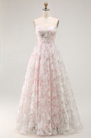 Load image into Gallery viewer, Floral Blush A Line Detachable Sleeves Long Prom Dress
