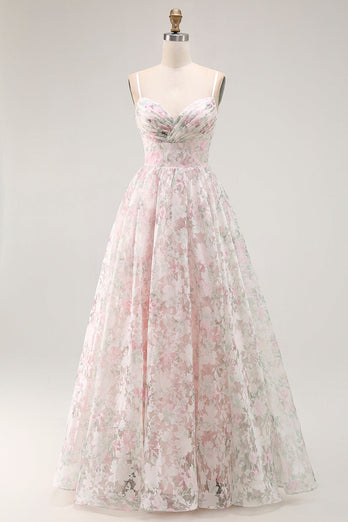 Floral Blush A Line Detachable Sleeves Long Prom Dress