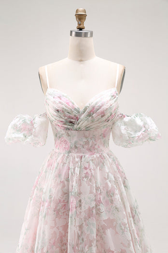 Floral Blush A Line Detachable Sleeves Long Prom Dress