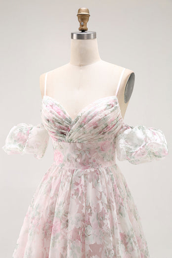 Floral Blush A Line Detachable Sleeves Long Prom Dress