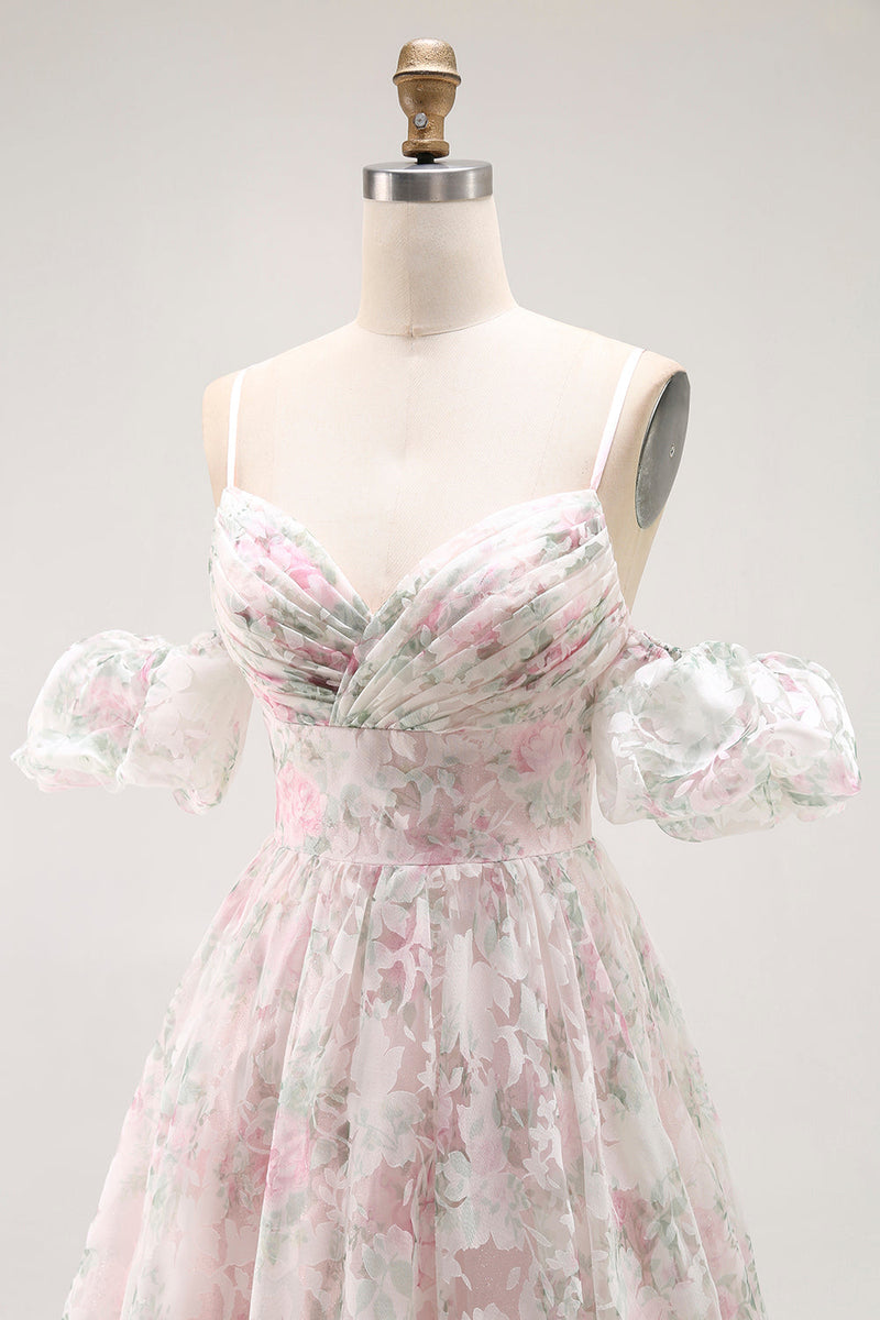 Load image into Gallery viewer, Floral Blush A Line Detachable Sleeves Long Prom Dress