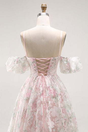 Floral Blush A Line Detachable Sleeves Long Prom Dress