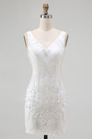 Load image into Gallery viewer, Sparkly White Tight V-Neck Short Homcoming Dress with Sequins
