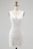 Sparkly White Tight V-Neck Short Homcoming Dress with Sequins