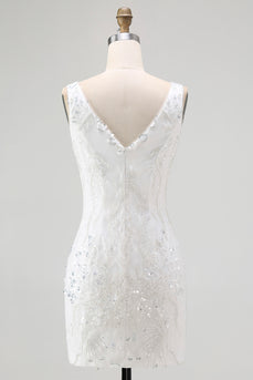 Sparkly White Tight V-Neck Short Homcoming Dress with Sequins