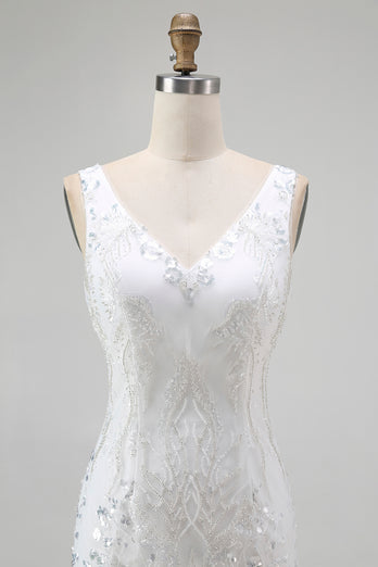 Sparkly White Tight V-Neck Short Homcoming Dress with Sequins