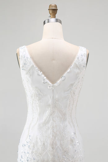 Sparkly White Tight V-Neck Short Homcoming Dress with Sequins