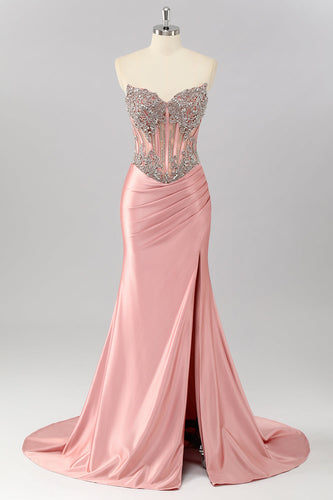 Sparkly Blush Satin Mermaid Strapless Long Corset Prom Dress with Slit
