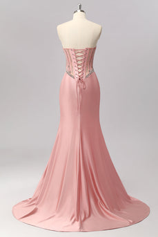 Sparkly Blush Satin Mermaid Strapless Long Corset Prom Dress with Slit