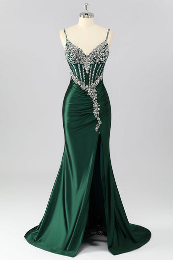 Sparkly Dark Green Mermaid Satin Long Corset Prom Dress with Beading