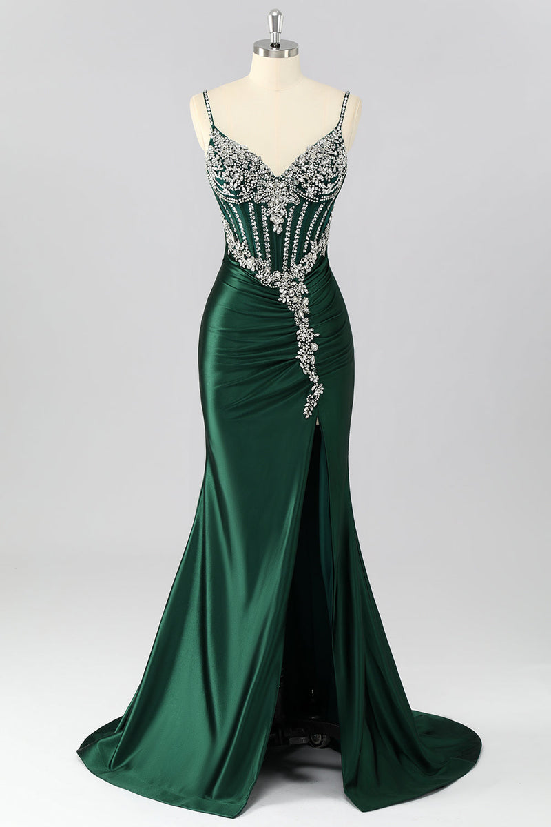 Load image into Gallery viewer, Sparkly Dark Green Mermaid Satin Long Corset Prom Dress with Beading