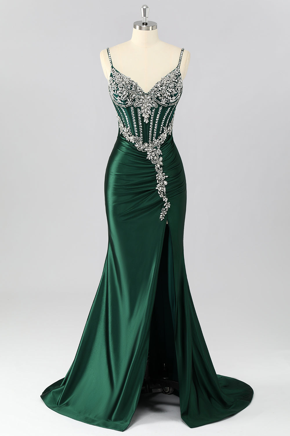Sparkly Dark Green Mermaid Satin Long Corset Prom Dress with Beading