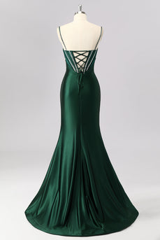 Sparkly Dark Green Mermaid Satin Long Corset Prom Dress with Beading